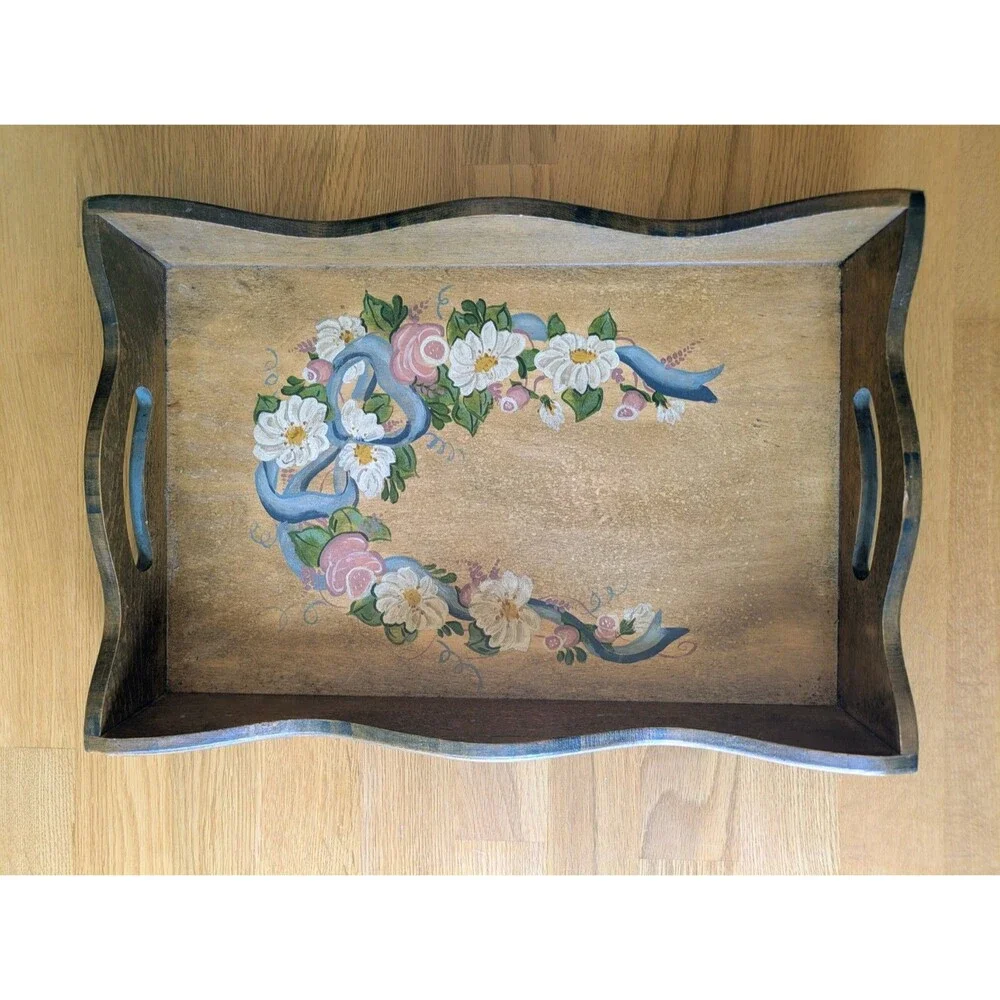Vintage 80s Hand Painted Floral Wood Serving Tray Handles Art Cottagecore 11x17